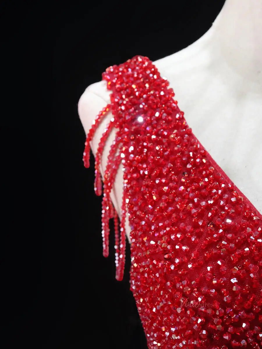 Red Sparkly Tulle Prom Dresses with V-Neck, Beaded Bodice, Tassels, Quince Dresses SU061-prom dresses 2025 -Viniodress-Red-Custom Size-