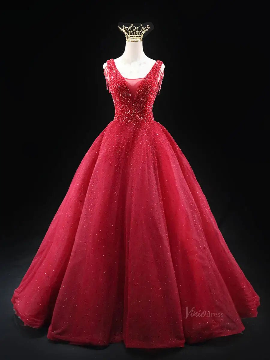 Red Sparkly Tulle Prom Dresses with V-Neck, Beaded Bodice, Tassels, Quince Dresses SU061-prom dresses 2025 -Viniodress-Red-Custom Size-