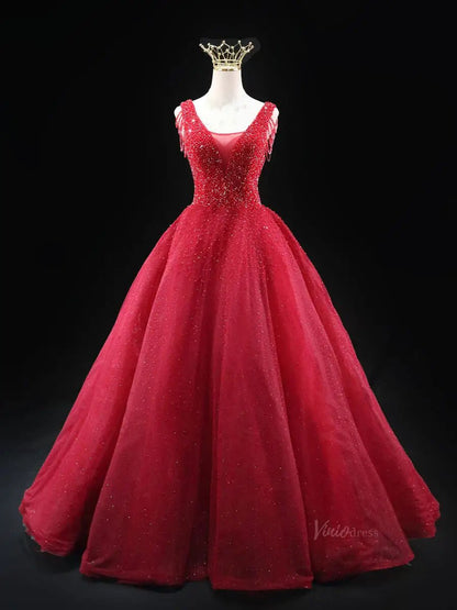 Red Sparkly Tulle Prom Dresses with V-Neck, Beaded Bodice, Tassels, Quince Dresses SU061-prom dresses 2025 -Viniodress-Red-Custom Size-