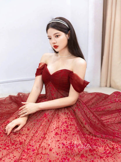 Red Sparkly Tulle Puffed Sleeve Prom Dresses Sheer Boned Bodice 90063-prom dresses 2025 -Viniodress-Red-Custom Size-