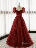 Red Sparkly Tulle Puffed Sleeve Prom Dresses Sheer Boned Bodice 90063