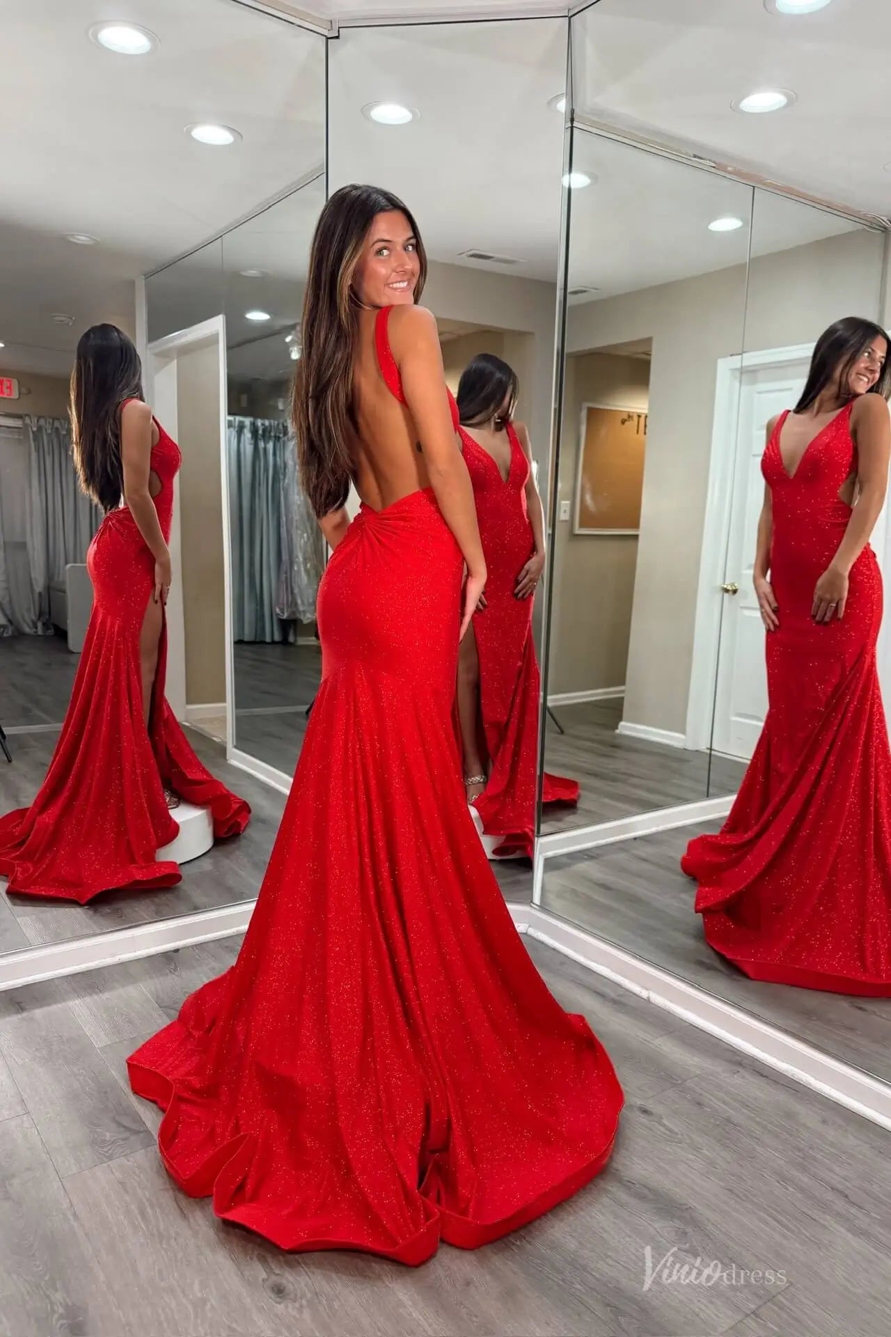 Red Sparkly V-Neck Mermaid Prom Dress with Open Back & High Slit – SS180-prom dresses 2026-Viniodress-Red-Custom Size-