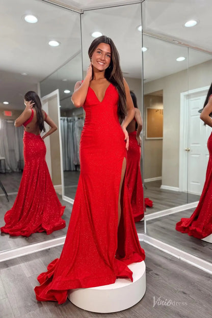 Red Sparkly V-Neck Mermaid Prom Dress with Open Back & High Slit – SS180-prom dresses 2026-Viniodress-Red-Custom Size-