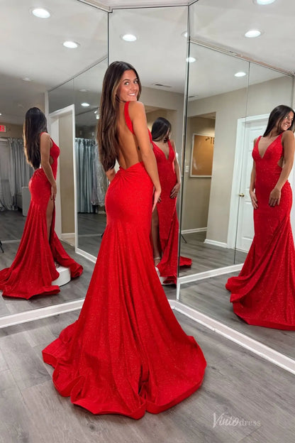 Red Sparkly V-Neck Mermaid Prom Dress with Open Back & High Slit – SS180-prom dresses 2026-Viniodress-Red-Custom Size-