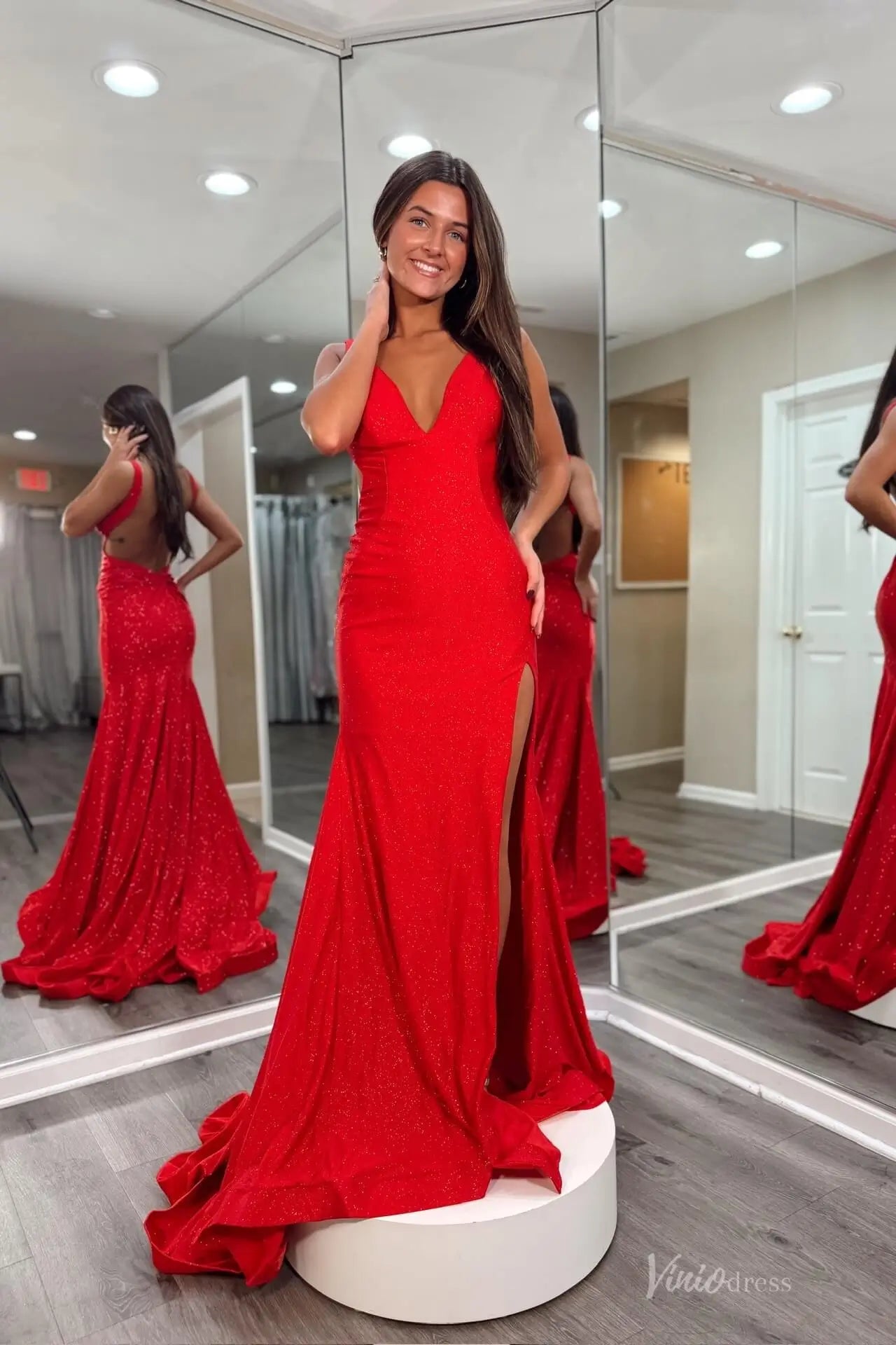 Red Sparkly V-Neck Mermaid Prom Dress with Open Back & High Slit – SS180-prom dresses 2026-Viniodress-Red-Custom Size-