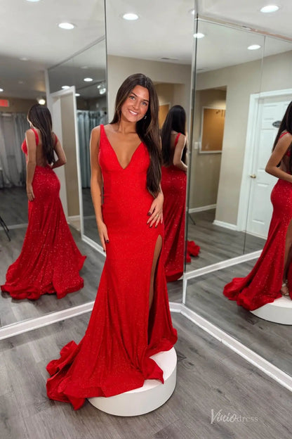 Red Sparkly V-Neck Mermaid Prom Dress with Open Back & High Slit – SS180