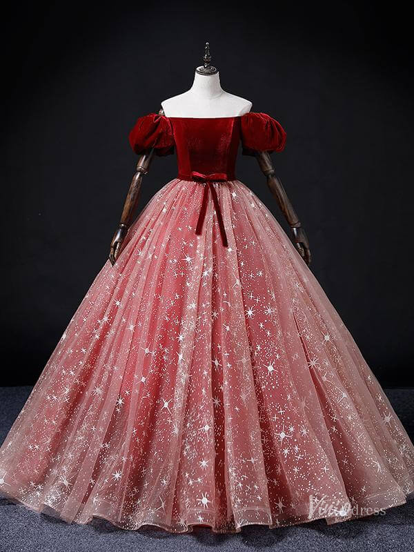 Red Starry Tulle Prom Ball Gown Velvet Puffed Sleeve Quinceanera Dresses BG069-prom dresses 2025 -Viniodress-Red-Custom Size-