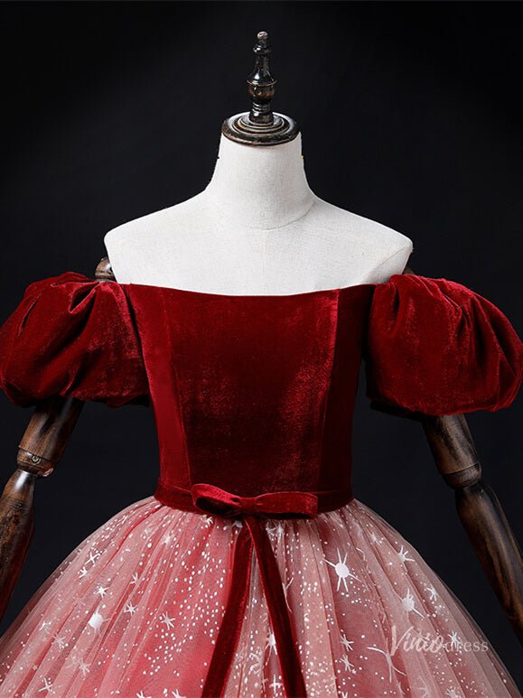 Red Starry Tulle Prom Ball Gown Velvet Puffed Sleeve Quinceanera Dresses BG069-prom dresses 2025 -Viniodress-Red-Custom Size-