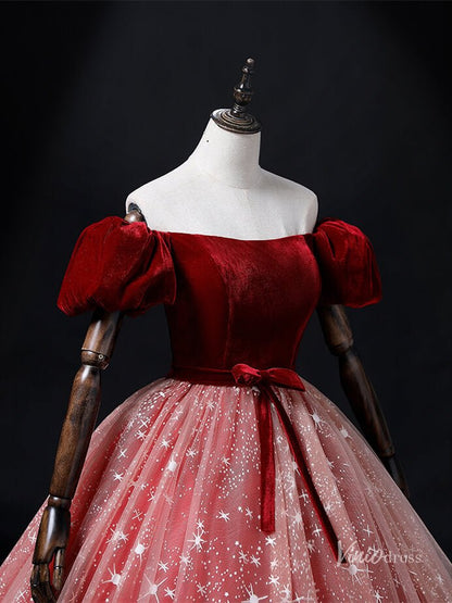 Red Starry Tulle Prom Ball Gown Velvet Puffed Sleeve Quinceanera Dresses BG069-prom dresses 2025 -Viniodress-Red-Custom Size-