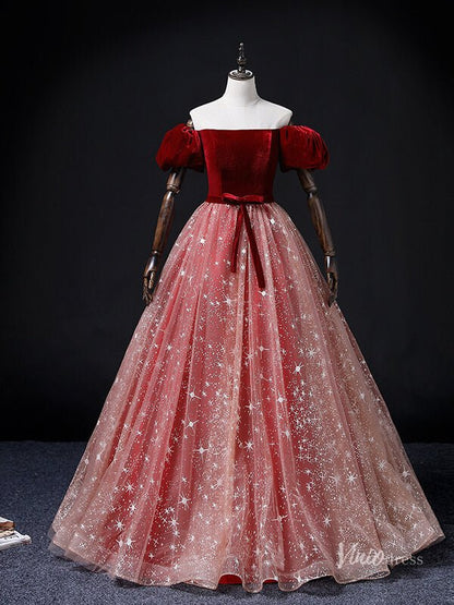 Red Starry Tulle Prom Ball Gown Velvet Puffed Sleeve Quinceanera Dresses BG069-prom dresses 2025 -Viniodress-Red-Custom Size-