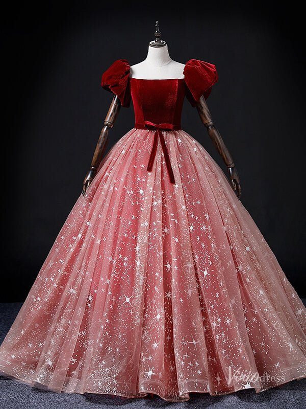 Red Starry Tulle Prom Ball Gown Velvet Puffed Sleeve Quinceanera Dresses BG069-prom dresses 2025 -Viniodress-Red-Custom Size-