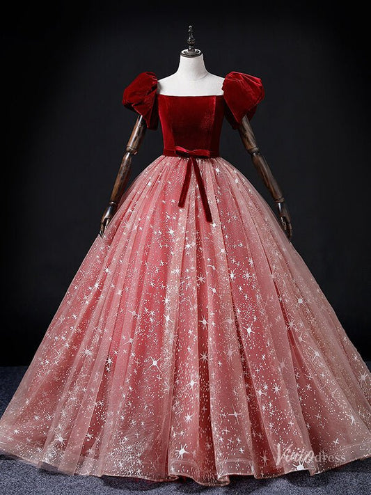 Red Starry Tulle Prom Ball Gown Velvet Puffed Sleeve Quinceanera Dresses BG069-prom dresses 2025 -Viniodress-Red-Custom Size-