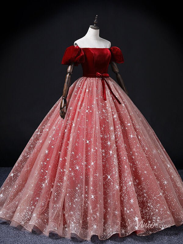 Red Starry Tulle Prom Ball Gown Velvet Puffed Sleeve Quinceanera Dresses BG069-prom dresses 2025 -Viniodress-Red-Custom Size-