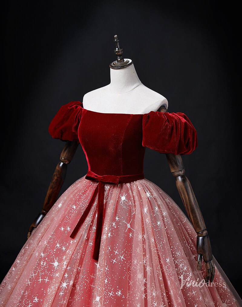 Red Starry Tulle Prom Ball Gown Velvet Puffed Sleeve Quinceanera Dresses BG069-prom dresses 2025 -Viniodress-Red-Custom Size-