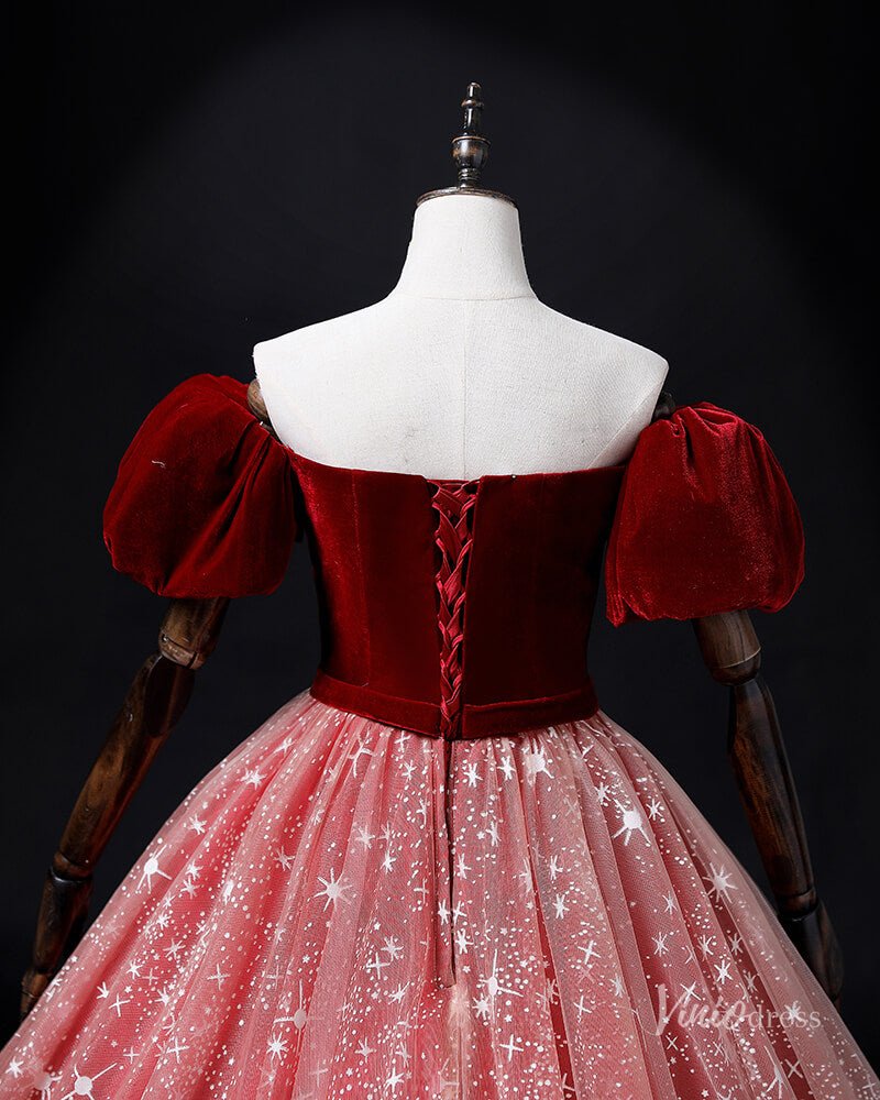 Red Starry Tulle Prom Ball Gown Velvet Puffed Sleeve Quinceanera Dresses BG069-prom dresses 2025 -Viniodress-Red-Custom Size-