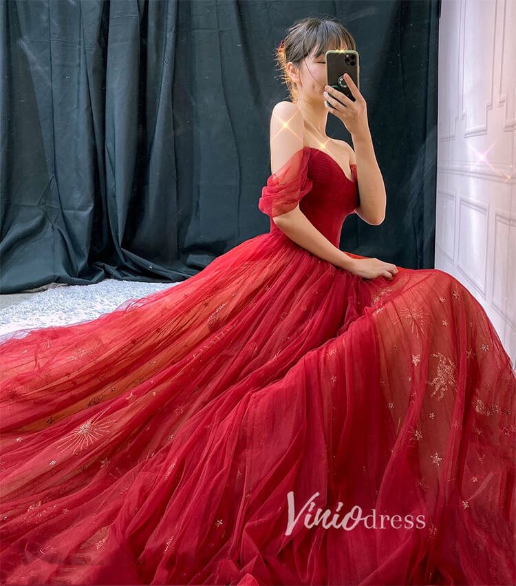 Red Starry Tulle Prom Dresses Off the Shoulder Evening Dress FD3451-prom dresses 2025 -Viniodress-Red-Custom Size-