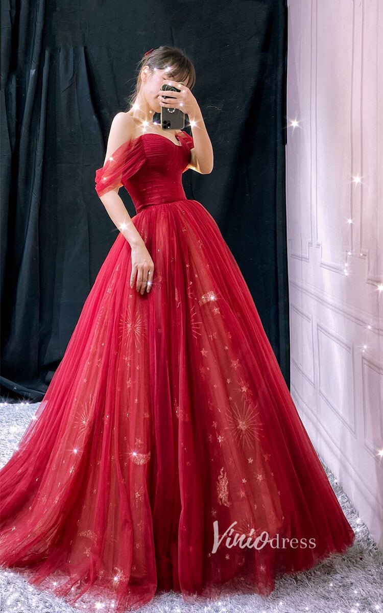 Red Starry Tulle Prom Dresses Off the Shoulder Evening Dress FD3451-prom dresses 2025 -Viniodress-Red-Custom Size-