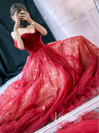 Red Starry Tulle Prom Dresses Off the Shoulder Evening Dress FD3451-prom dresses 2025 -Viniodress-Red-Custom Size-