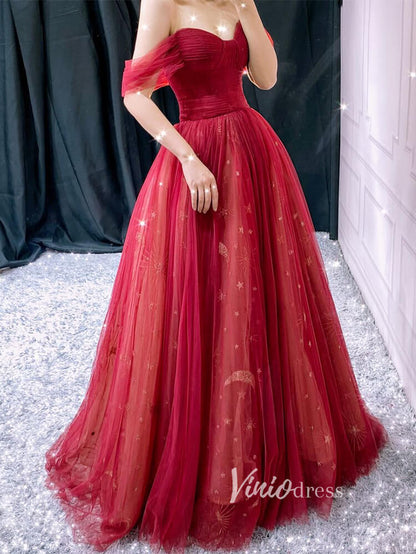 Red Starry Tulle Prom Dresses Off the Shoulder Evening Dress FD3451-prom dresses 2025 -Viniodress-Red-Custom Size-