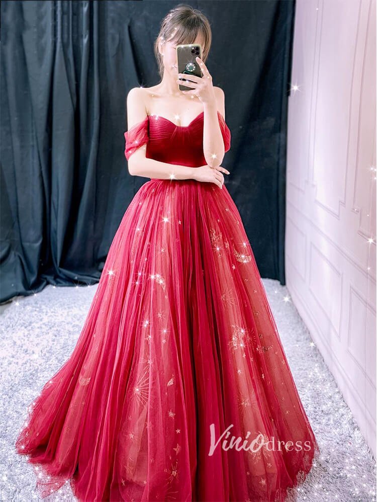 Red Starry Tulle Prom Dresses Off the Shoulder Evening Dress FD3451-prom dresses 2025 -Viniodress-Red-Custom Size-