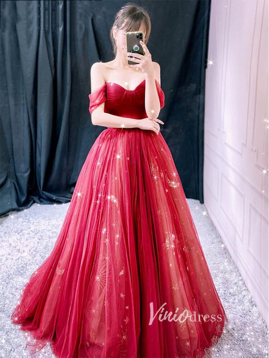 Red Starry Tulle Prom Dresses Off the Shoulder Evening Dress FD3451-prom dresses 2025 -Viniodress-Red-Custom Size-