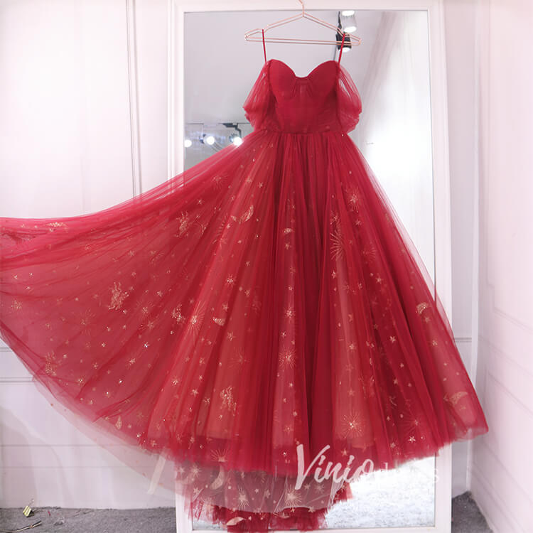 Prom Dress 2025 Red Starry Tulle Prom Dresses Off the Shoulder Evening Dress FD3451-unique prom dresses-Red-Custom Size-Viniodress