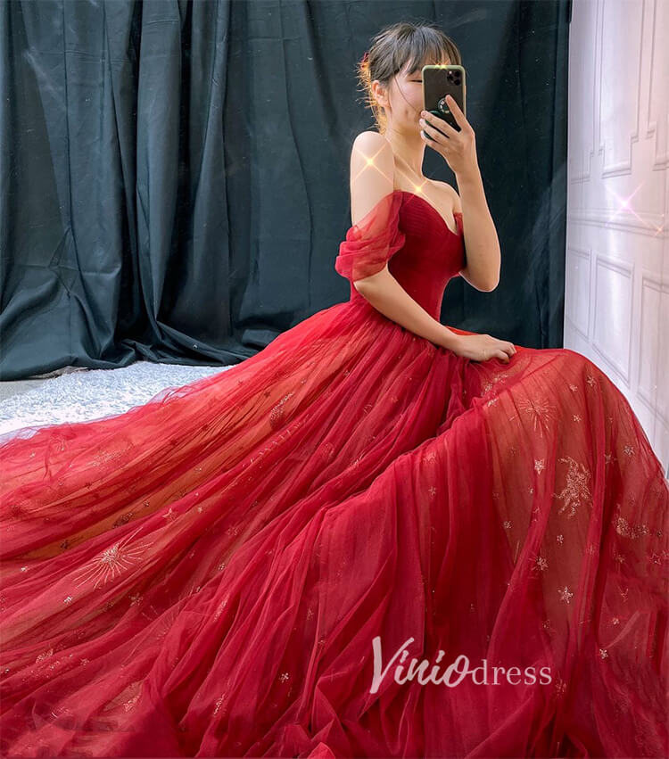 Prom Dress 2025 Red Starry Tulle Prom Dresses Off the Shoulder Evening Dress FD3451-unique prom dresses-Red-Custom Size-Viniodress