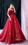 Prom Dress 2025 Red Starry Tulle Prom Dresses Off the Shoulder Evening Dress FD3451-unique prom dresses-Red-Custom Size-Viniodress