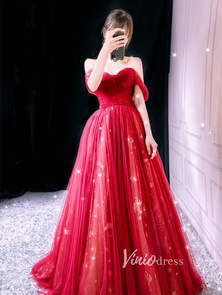 Prom Dress 2025 Red Starry Tulle Prom Dresses Off the Shoulder Evening Dress FD3451-unique prom dresses-Red-Custom Size-Viniodress