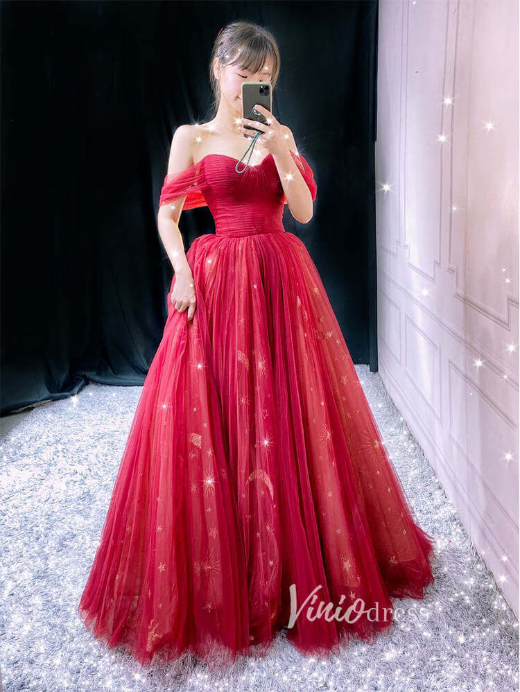 Prom Dress 2025 Red Starry Tulle Prom Dresses Off the Shoulder Evening Dress FD3451-unique prom dresses-Red-Custom Size-Viniodress