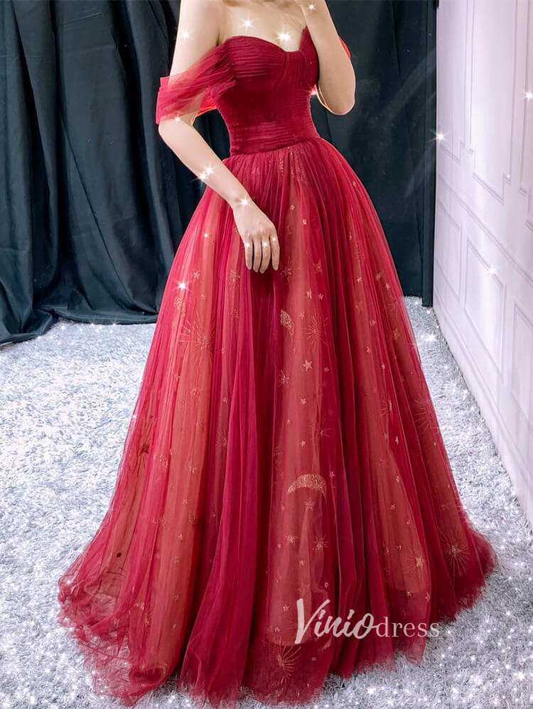 Prom Dress 2025 Red Starry Tulle Prom Dresses Off the Shoulder Evening Dress FD3451-unique prom dresses-Red-Custom Size-Viniodress