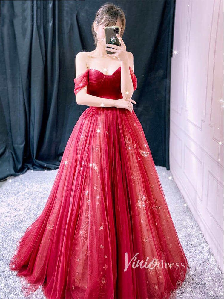 Prom Dress 2025 Red Starry Tulle Prom Dresses Off the Shoulder Evening Dress FD3451-unique prom dresses-Red-Custom Size-Viniodress