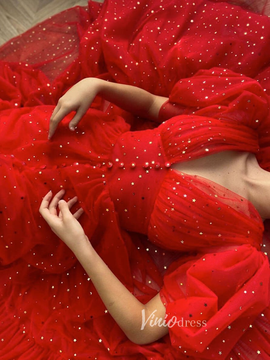 Red Starry Tulle Tea-Length Prom Dresses Puffed Sleeve Short Formal Dress FD3172-prom dresses 2025 -Viniodress-Red-Custom Size-