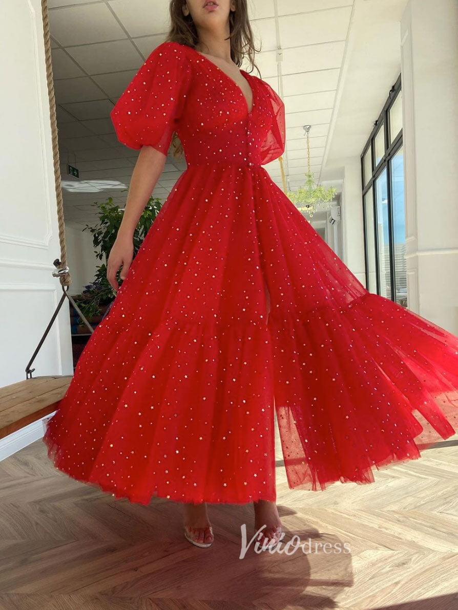 Prom Dress 2025 Red Starry Tulle Tea-Length Prom Dresses Puffed Sleeve Short Formal Dress FD3172-unique prom dresses-Red-Custom Size-Viniodress