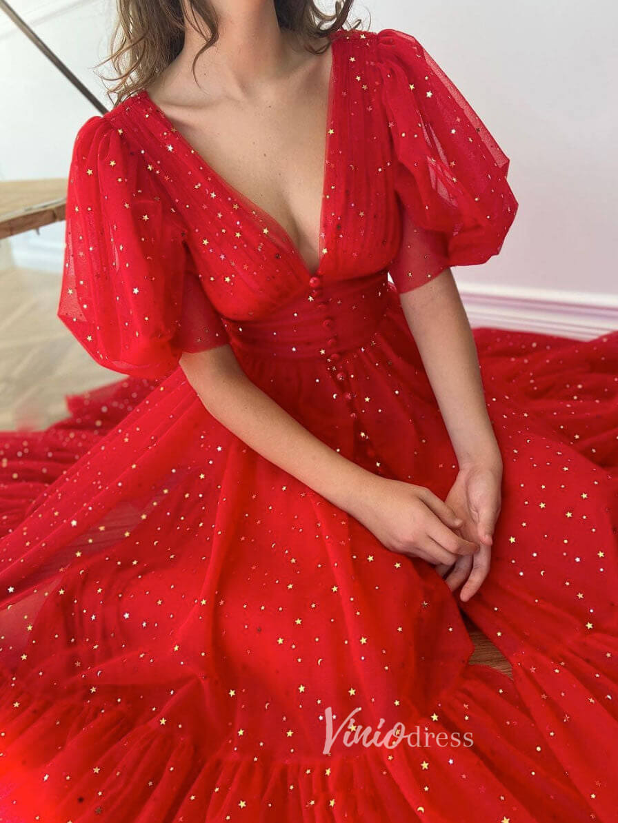 Prom Dress 2025 Red Starry Tulle Tea-Length Prom Dresses Puffed Sleeve Short Formal Dress FD3172-unique prom dresses-Red-Custom Size-Viniodress