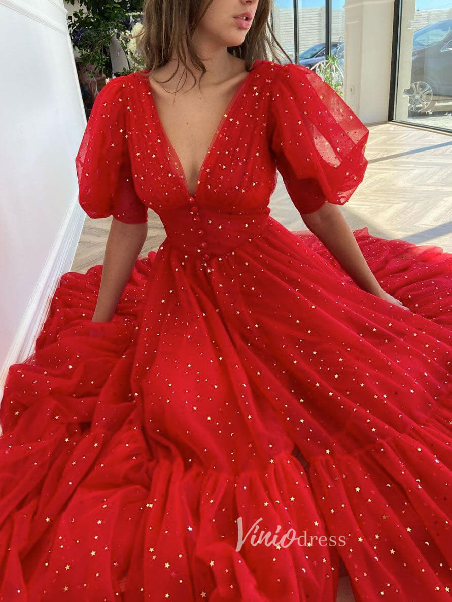 Prom Dress 2025 Red Starry Tulle Tea-Length Prom Dresses Puffed Sleeve Short Formal Dress FD3172-unique prom dresses-Red-Custom Size-Viniodress