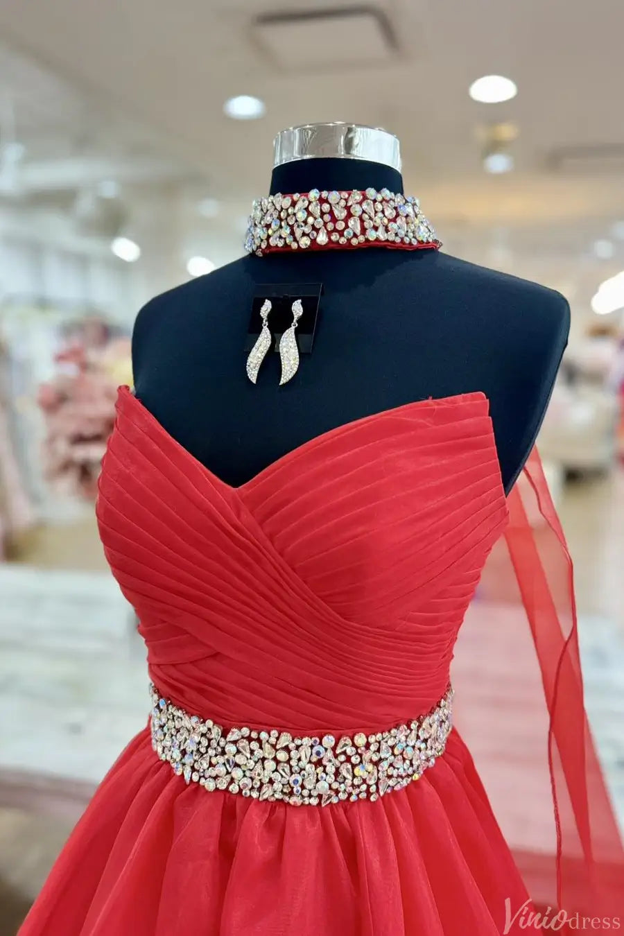Red Strapless Ball Gown with Rhinestone Choker, Beaded Waistband & Flowing Tulle Skirt – AE1009-prom dresses 2025 -Viniodress-Red-Custom Size-