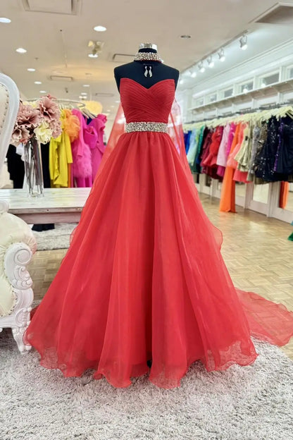Red Strapless Ball Gown with Rhinestone Choker, Beaded Waistband & Flowing Tulle Skirt – AE1009-prom dresses 2025 -Viniodress-Red-Custom Size-