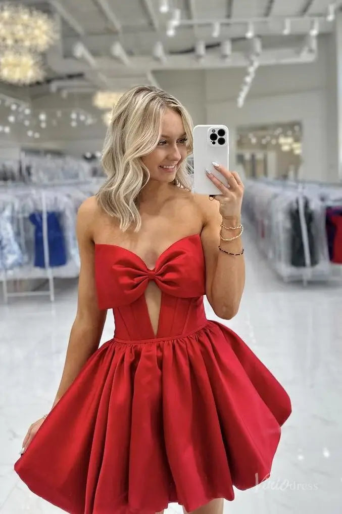 Red Strapless Homecoming Dress with Satin Bow, Sweetheart Neckline, Cutout Bodice & Bubble Hem Skirt – H1180-Homecoming Dresses 2025 -Viniodress-Red-Custom Size-