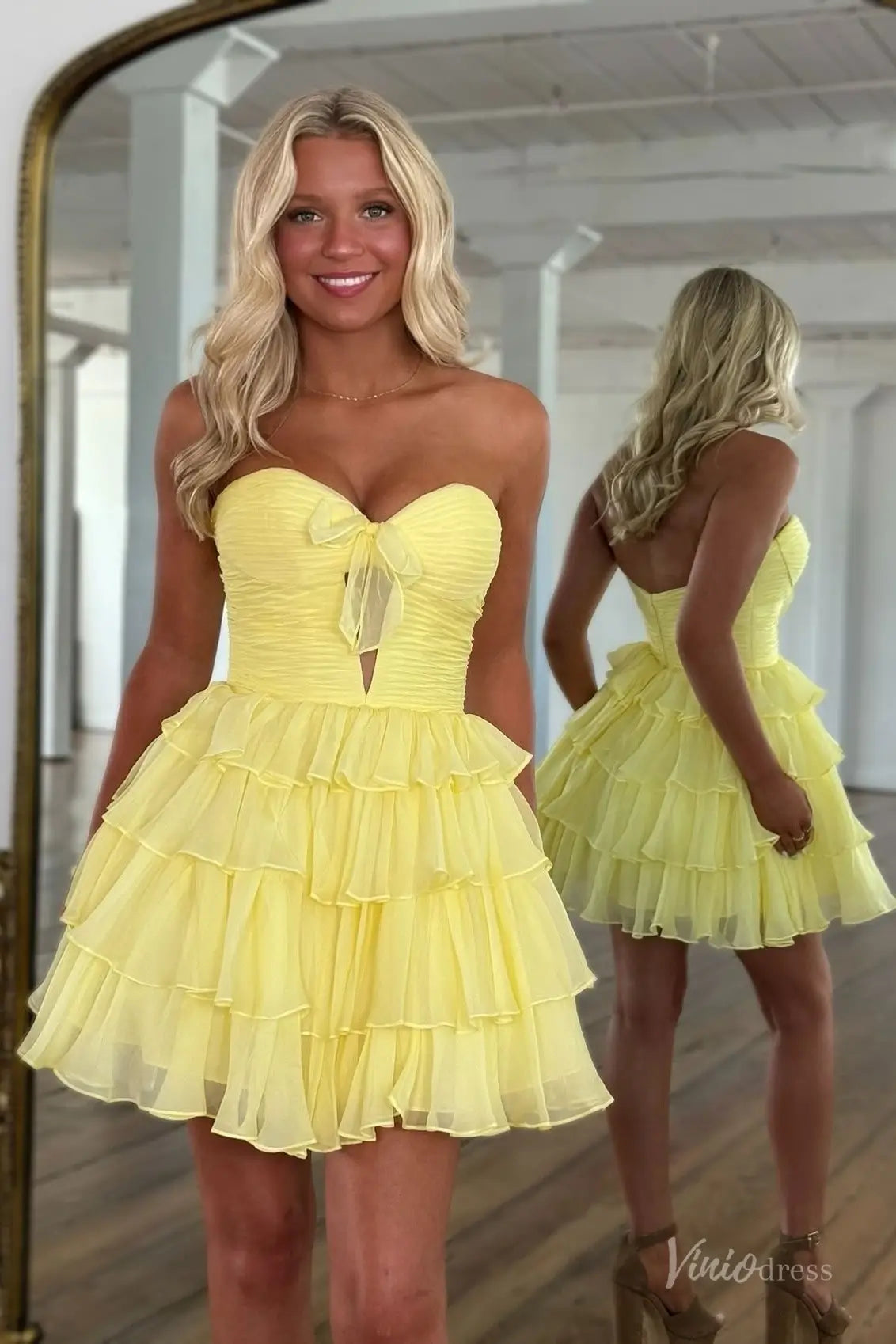 Red Strapless Homecoming Dress with Satin Bow, Sweetheart Neckline, Cutout Bodice & Bubble Hem Skirt – H1180-Homecoming Dresses 2025 -Viniodress-Yellow-Custom Size-