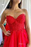 Red Strapless Lace Applique Prom Dresses Ruffle Tulle Formal Gown FD4089-prom dresses-Viniodress-Viniodress