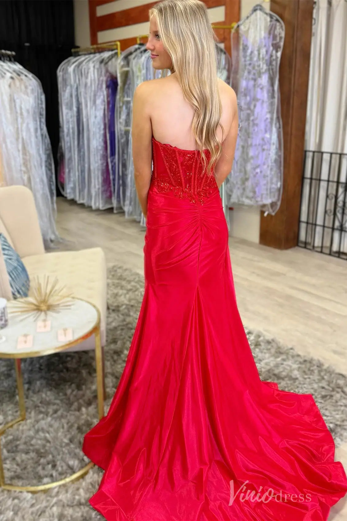 Red Strapless Prom Dress with Beaded Corset Bodice, Ruched Satin Skirt and High Slit – SS073-prom dresses 2025 -Viniodress-Red-Custom Size-