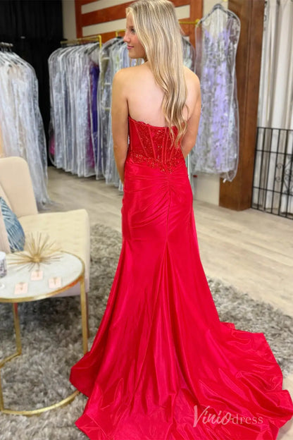 Red Strapless Prom Dress with Beaded Corset Bodice, Ruched Satin Skirt and High Slit – SS073-prom dresses 2025 -Viniodress-Red-Custom Size-