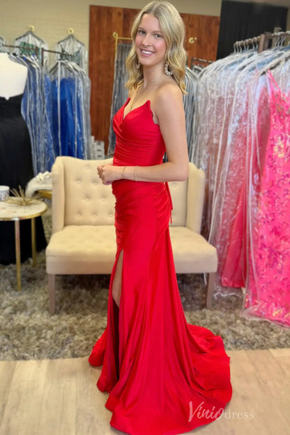Red Strapless Prom Dress with Sweetheart Neckline, Ruched Satin Bodice, High Slit & Lace-Up Back – SS034-prom dresses 2025 -Viniodress-Red-Custom Size-