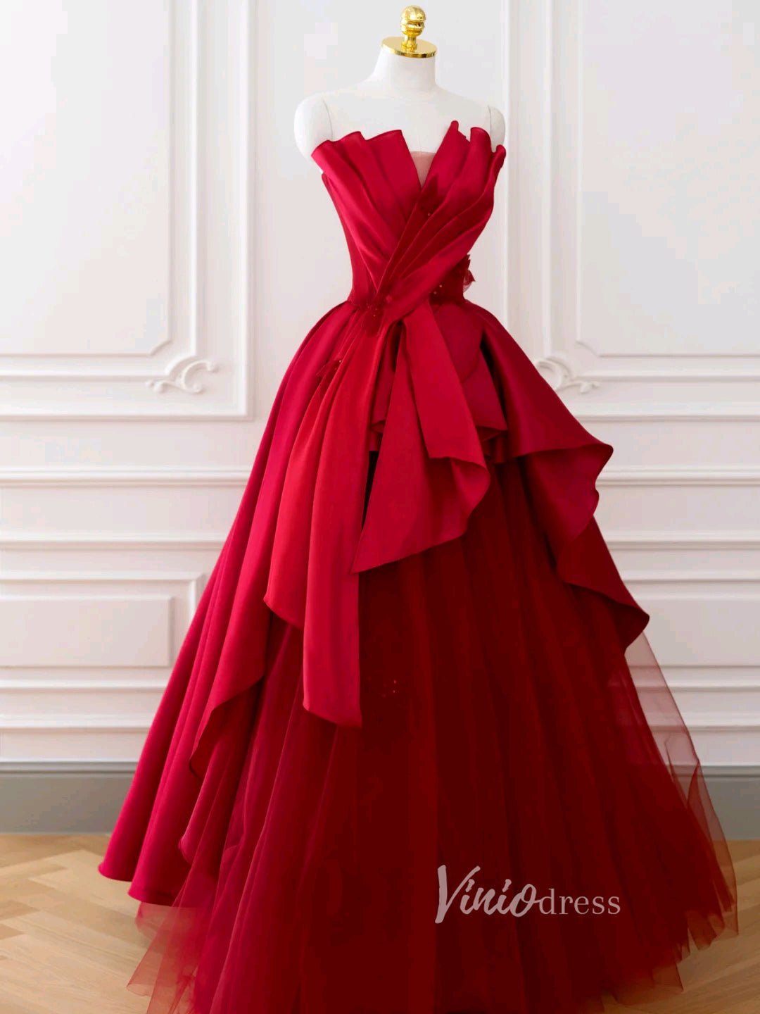 Red Strapless Prom Dresses Pleated Satin Evening Dress FD3217-prom dresses 2025 -Viniodress-Red-Custom Size-