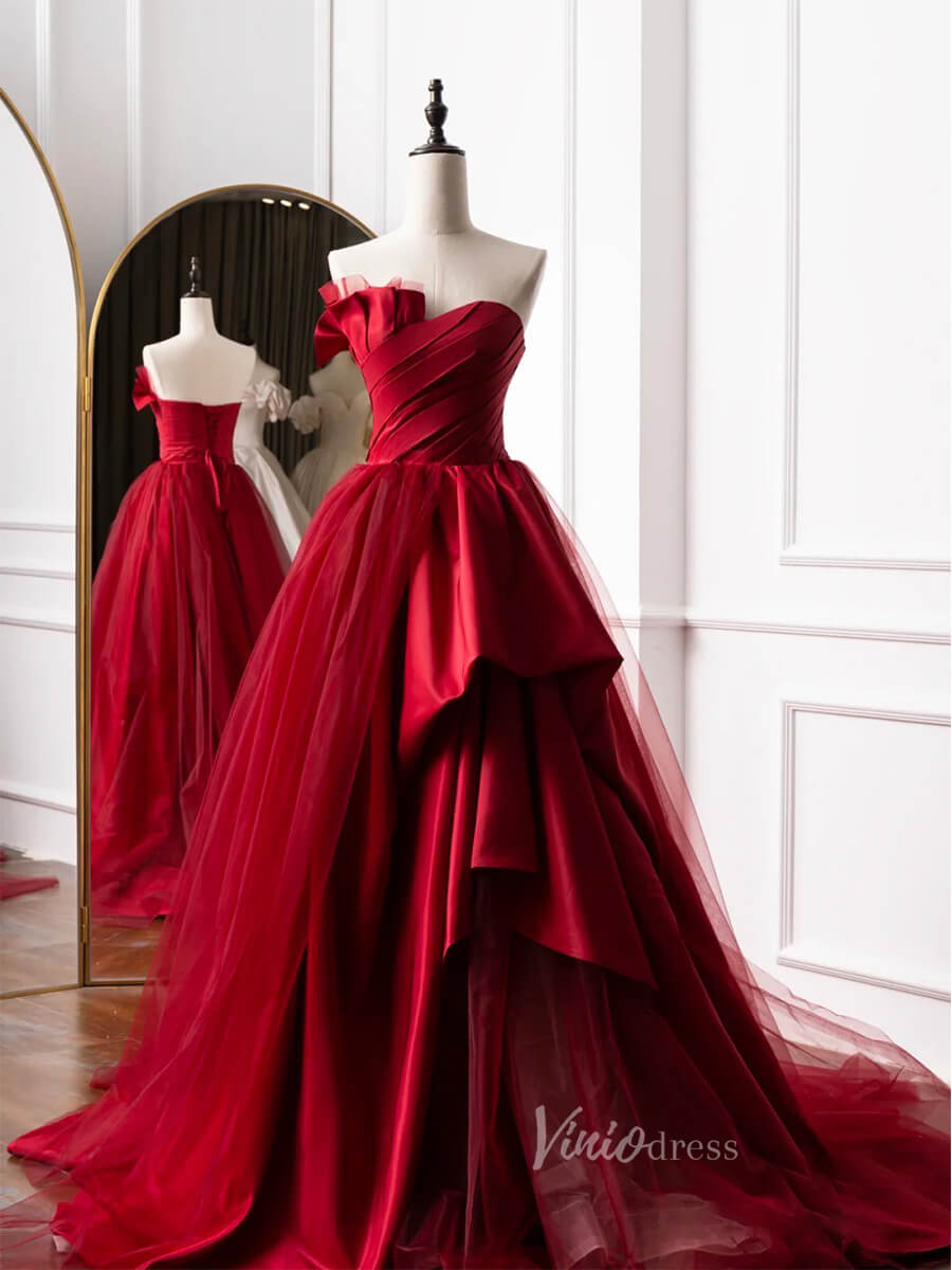 Prom Dress 2025 Red Strapless Prom Dresses Pleated Satin Formal Gown FD3238-unique prom dresses-Red-Custom Size-Viniodress