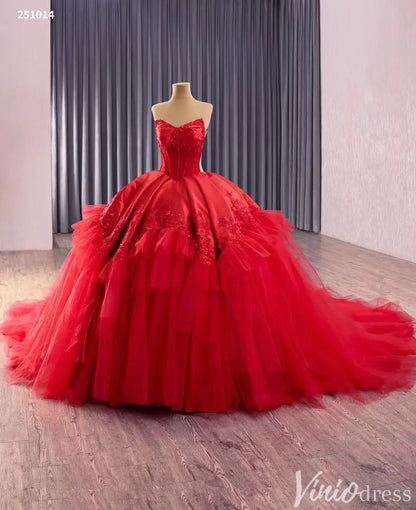 Red Strapless Quinceanera Dress with Lace Corset Bodice and Layered Tulle Skirt – Style 251014-Quinceanera Dresses 2025 -Viniodress-Red-Custom Size-