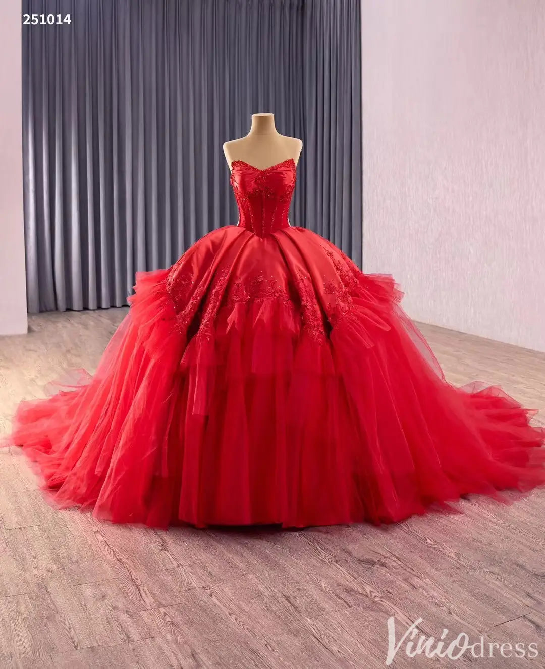 Red Strapless Quinceanera Dress with Lace Corset Bodice and Layered Tulle Skirt – Style 251014-Quinceanera Dresses 2025 -Viniodress-Red-Custom Size-