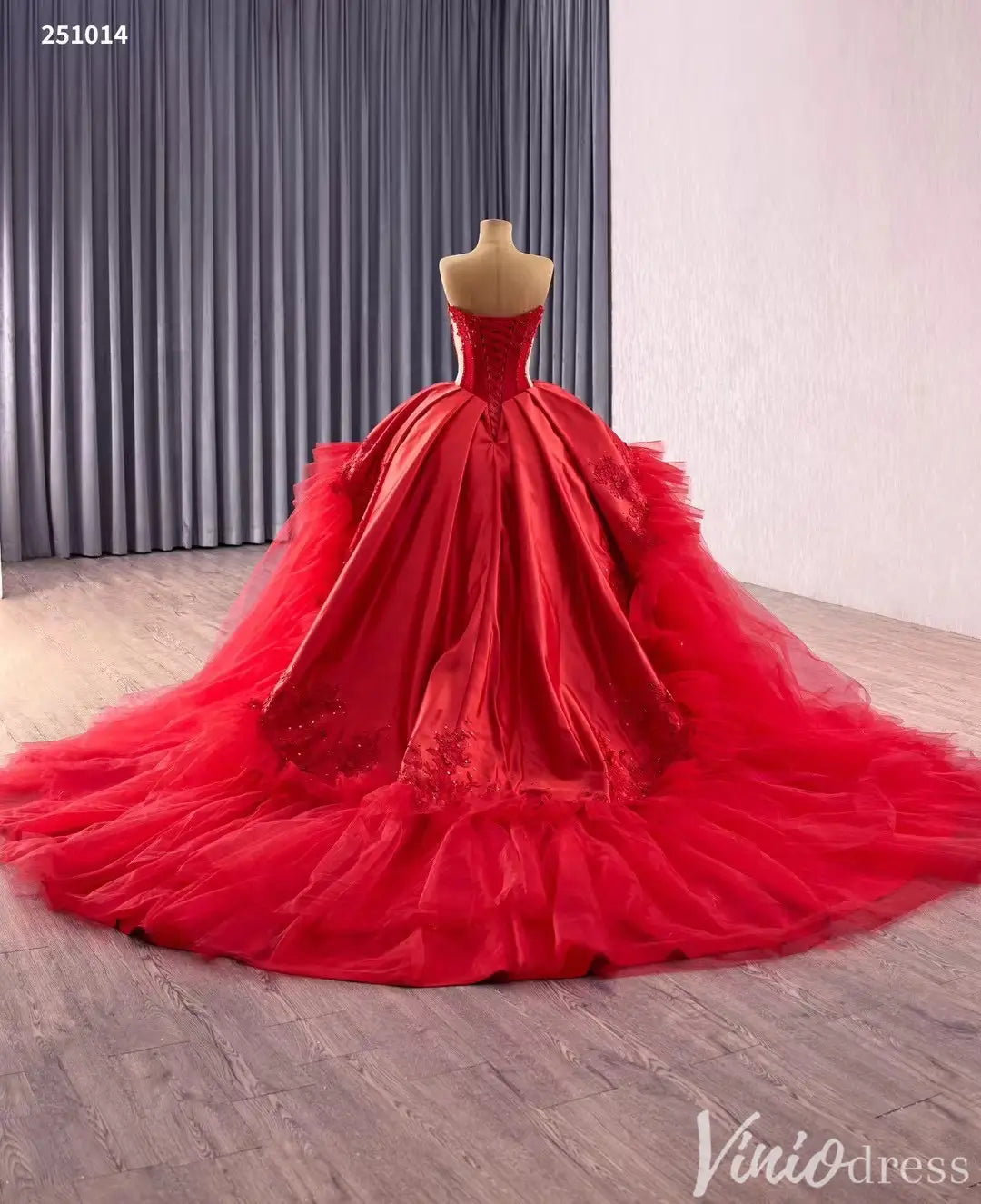 Red Strapless Ball Gown with Tulle Skirt & Lace Corset 251014 Viniodress Red Strapless Ball Gown with Tulle Skirt & Lace Corset 251014 Viniodress