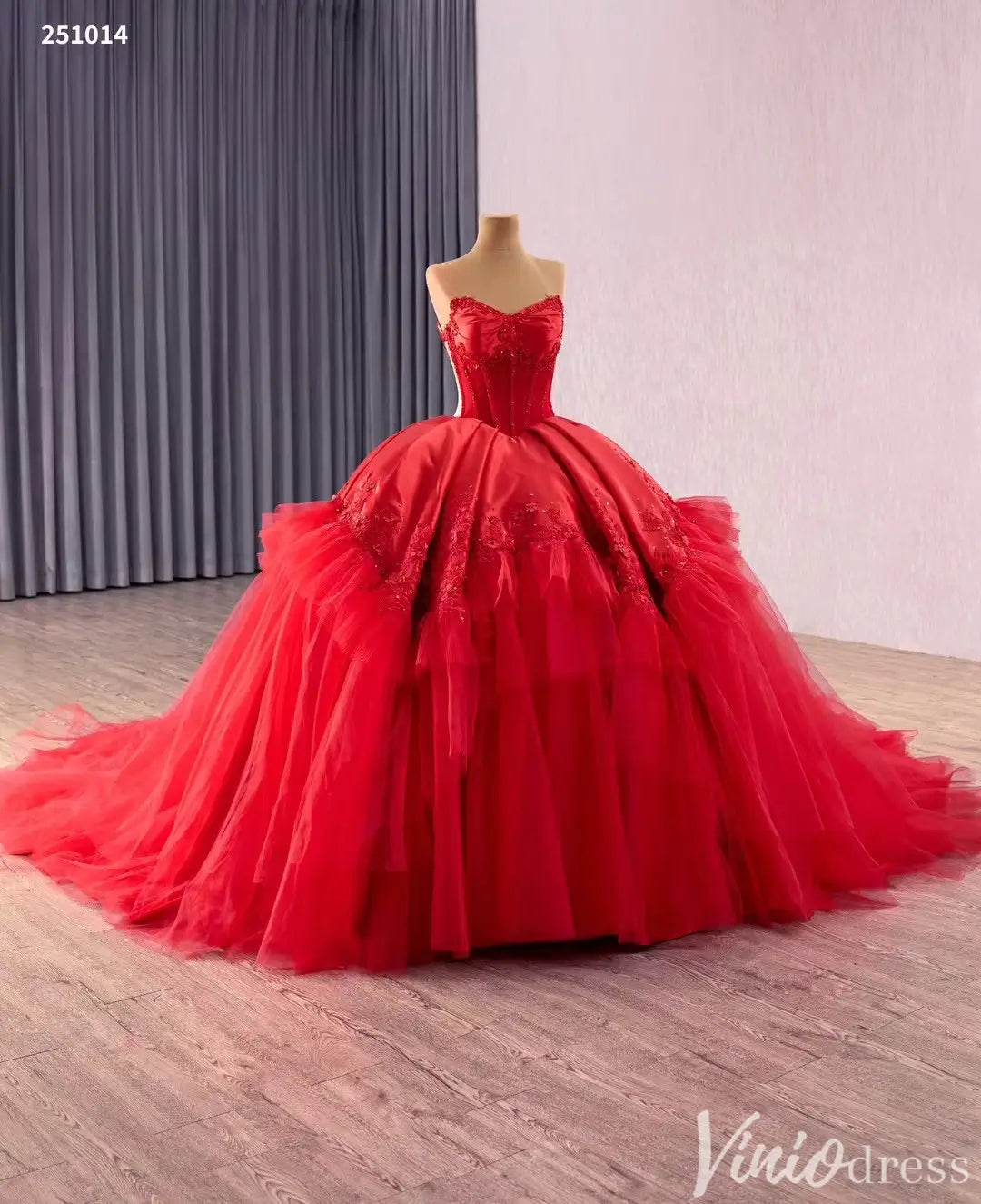 Red Strapless Quinceanera Dress with Lace Corset Bodice and Layered Tulle Skirt – Style 251014-Quinceanera Dresses 2025 -Viniodress-Red-Custom Size-